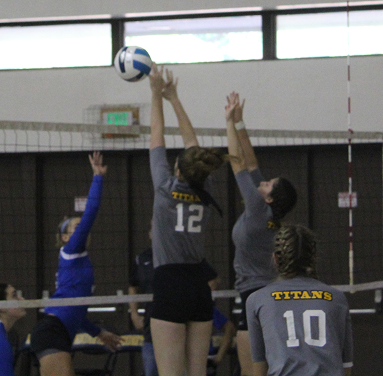 #12 Amanda Turnbull and #8 Jessica Straub going up for a block (photo courtesy of CCBC Essex Athletics Dept)